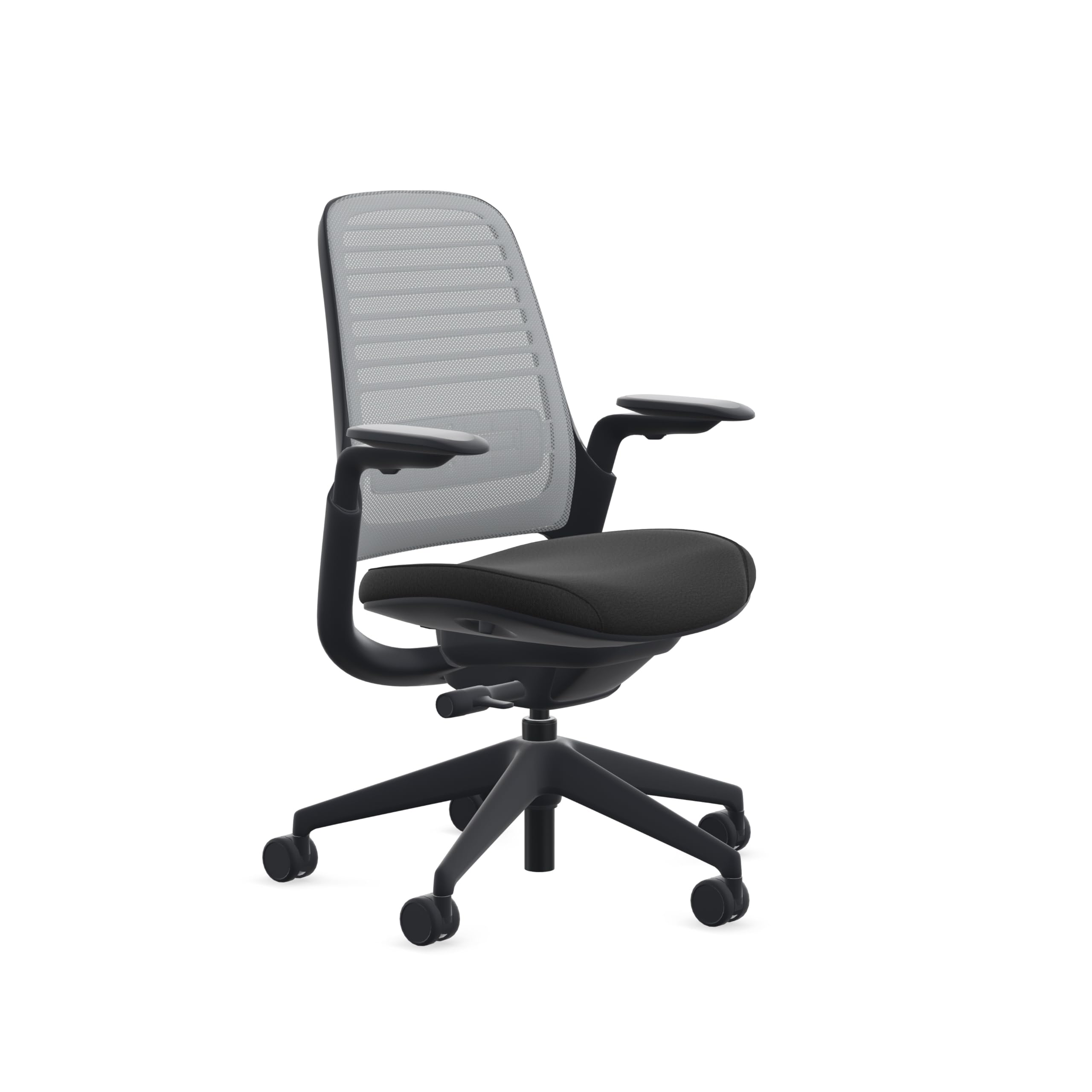 Silla de oficina Steelcase Serie 1 - Silla de trabajo ergonómica con ruedas para alfombras - Ayuda a respaldar la productividad - Controles activados por peso, soporte para espalda y brazos - Fácil montaje - Era de níquel + ónix