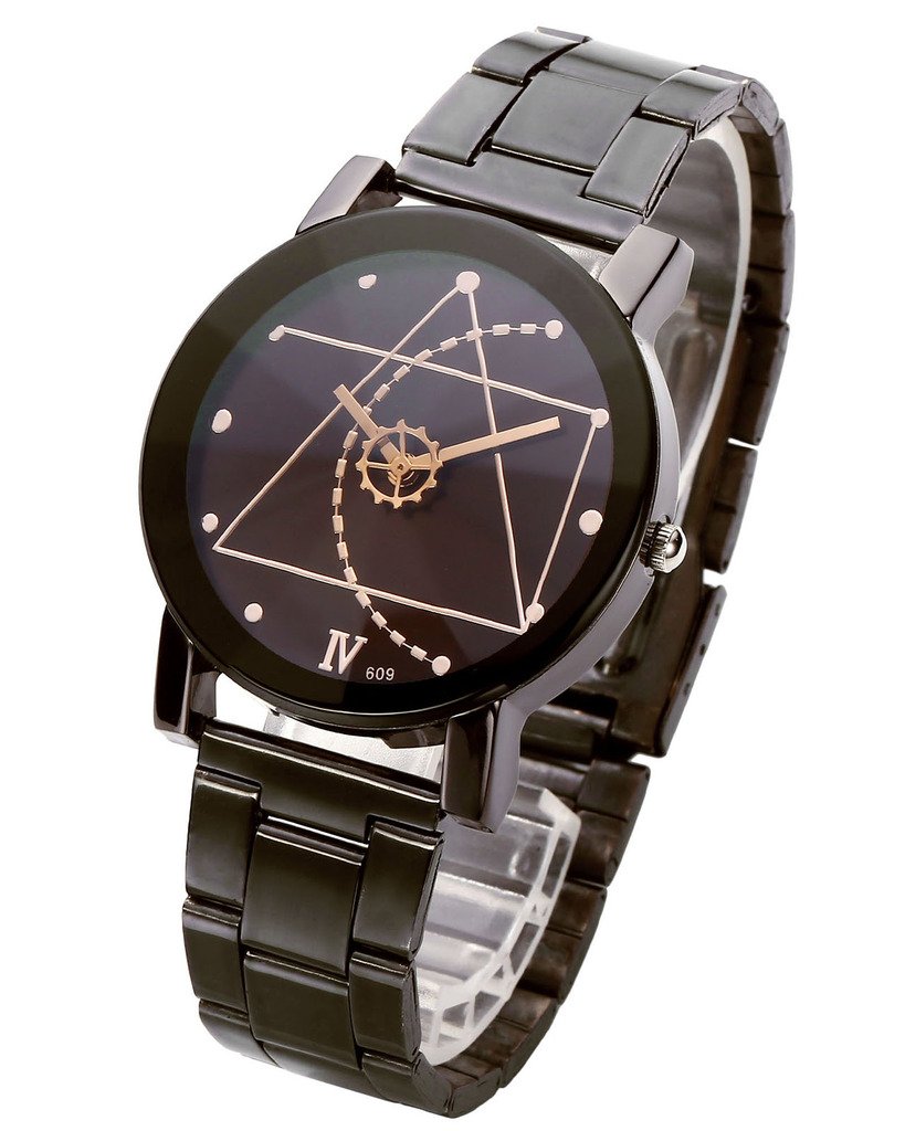 JSDDE unisexe Montre à Quartz Analog Bracelet classique Convexes noir motif géométrique engrenage secondes Cadran