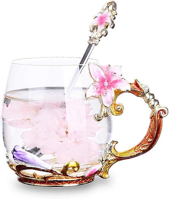 Coffee Mug Tea Cups Flower Glass Tea Mug Spoon Set For Women Grandma Mom Teachers Friend Wife 11oz