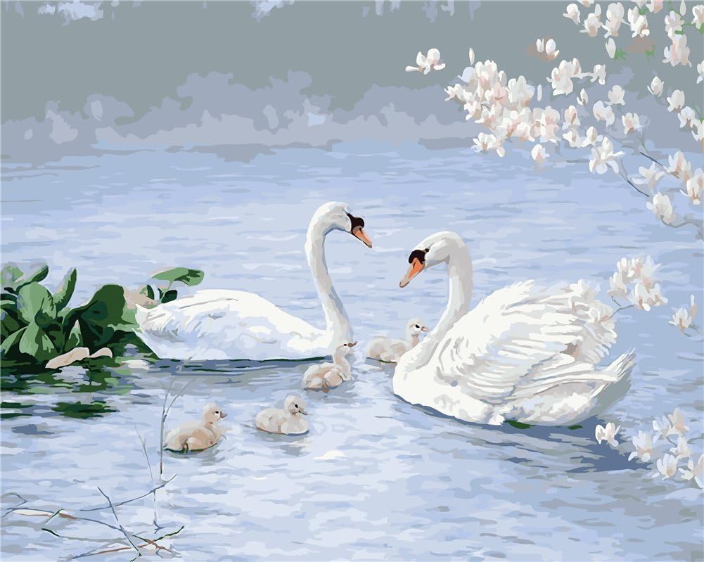 YEESAM ART DIY Paint by Numbers for Adults Beginner Kids Swan Lake 16x20 inch Linen Canvas Acrylic Stress Less Number Painting Gifts