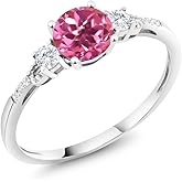 Gem Stone King 10K White Gold Pink Mystic Topaz White Created Sapphire and White Diamond Accent 3-Stone Engagement Ring For Women (1.15 Cttw, Round 6MM, Gemstone November Birthstone)