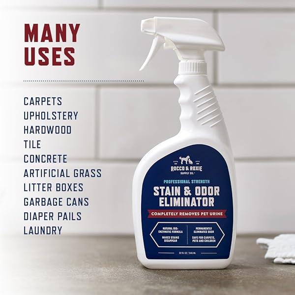 ROCCO & ROXIE SUPPLY CO. STAIN & STRONG ODOR ELIMINATOR, ENZYME CLEANER, PET ODOR ELIMINATOR FOR HOME – CARPET STAIN REMOVER FOR CATS & DOG PEE – URINE DESTROYER – CARPET CLEANER SPRAY CLEAR, 32 FL OZ