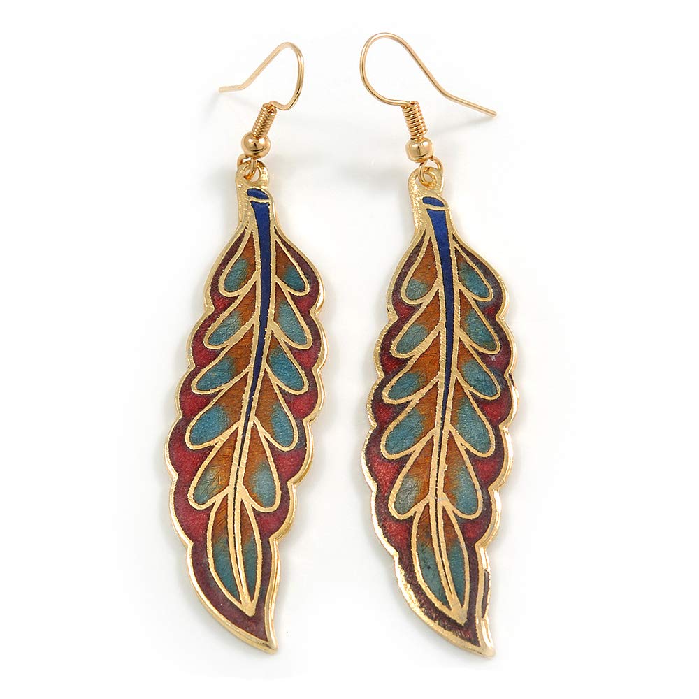 Multicoloured Enamel Leaf Drop Earrings In Gold Tone - 70mm Long