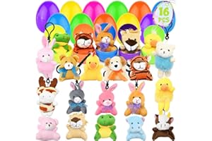 DINESIL 16 PCS Easter Eggs Filled with Mini Plush Animal Toys, Stuffed Animals Plush Keychain Set for Kids Easter Party Favors, Easter Basket Stuffers Fillers, Easter Egg Hunt, Easter Classroom Prize
