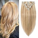 22 inch 110g Clip in Remy Human Hair Extensions Full Head 8 Pieces Set Long length Straight Very Soft Style Real Silky for Beauty #12/613 Light Golden Brown/Bleach Blonde