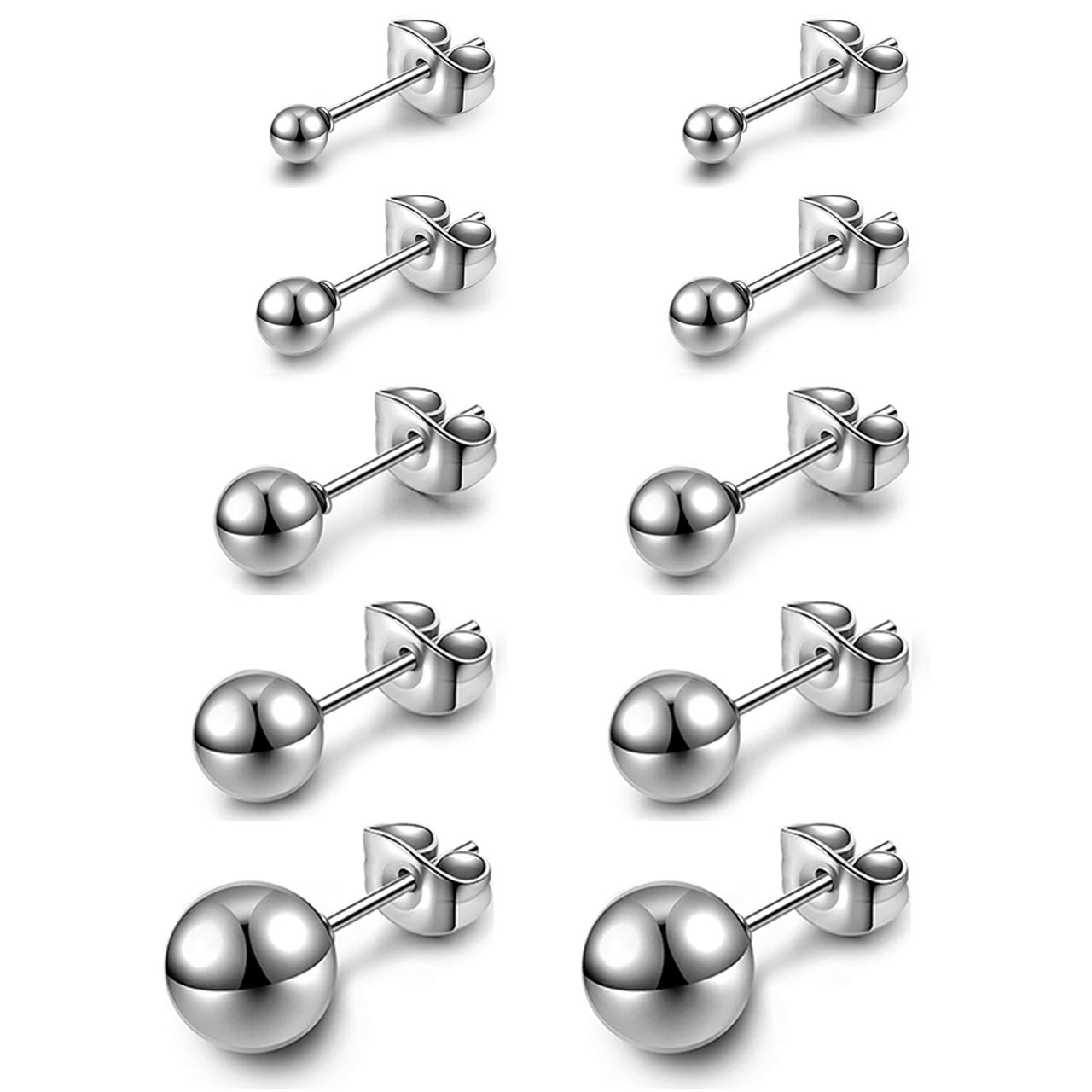 AllerPierce Hypoallergenic Silver Ball Earrings Studs Set Cartilage Earrings Stainless Steel Round Ball Studs Earrings for Women Men 3mm-8mm（10Pcs）