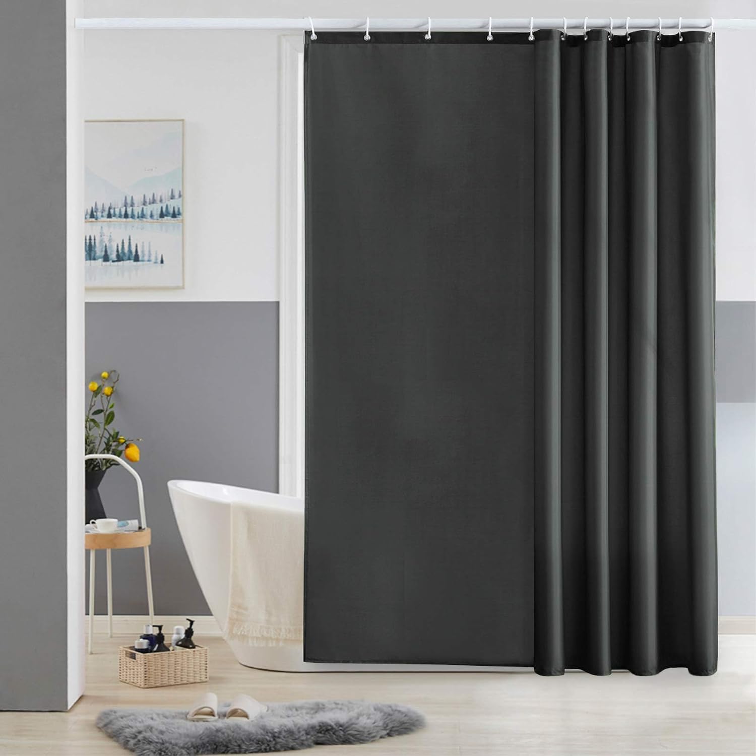 Furlinic Shower Curtain With Hooks Extra Long 100% Polyester Bathroom Shower Curtains Waterproof Dark Grey 180 x 200cm 72 x 78 Inch.