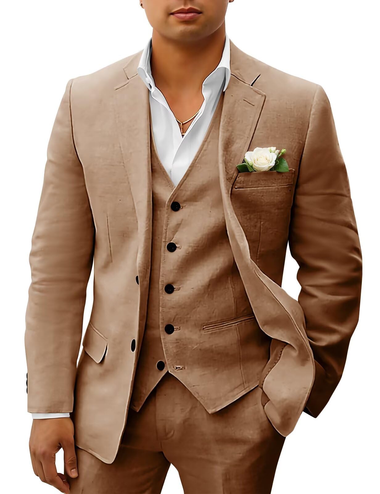 HUUTOE Mens Linen Suits 3 Piece Beach Wedding