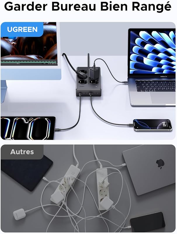 10 en 1 Multiprise 6 Prises AC 4 USB 20W avec Interrupteur 3680W 16A