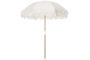 Business & Pleasure Co. Holiday Umbrella - Boho Beach Umbrella with White Fringe, UPF 50+, 1" Tilting Wood Pole, 5’ x 6.5’, Antique White