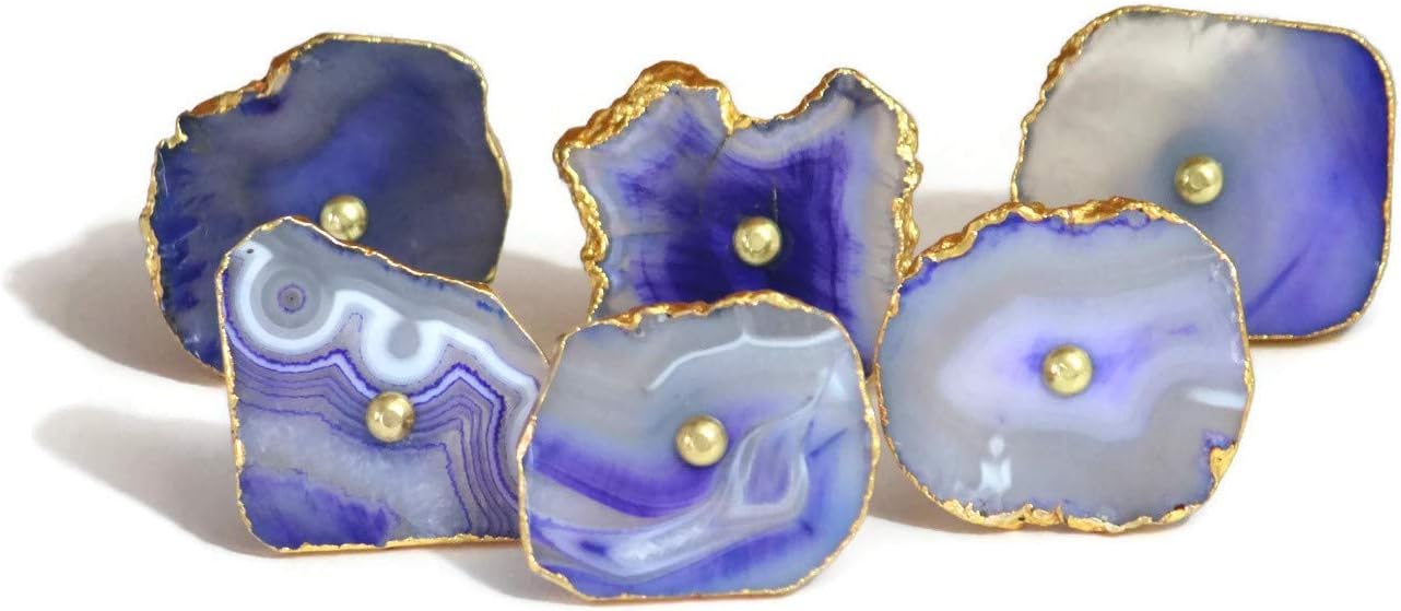 Purple Agate Stone knobs pulls for Cabinet Doors and Drawers (6, Silver Electroplated Borders)