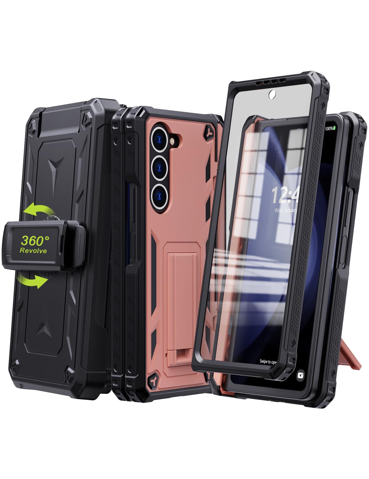 KJSK for Samsung Galaxy Z Fold 5 Case,with S Pen Holder+Belt Clip Holster+Built-in Kickstand+Hinge Protection,Heavy Duty Military Grade Drop Proof Case for Galaxy Z Fold 5(Rose Gold)