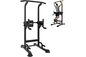 VEVOR Pull Up Bar, 330 LBS Power Tower Dip Station, Workout Dip Station with H-Shaped Stable Base & Back Pad, Adjustable 12 L