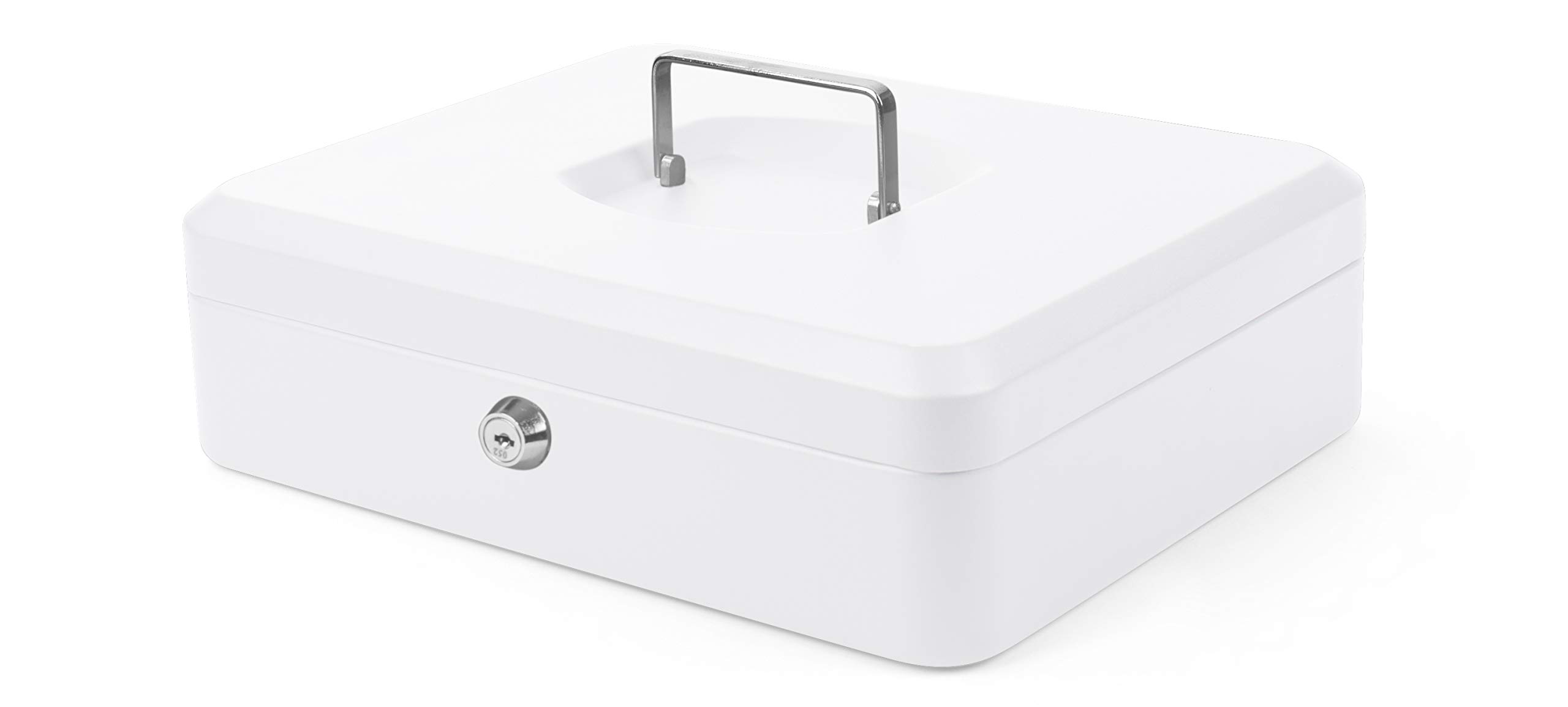Pavo - Premium 12-Inch Metal Cash Box 30 x 24 x 9 cm with 2 Keys and Removable Change Tray - White