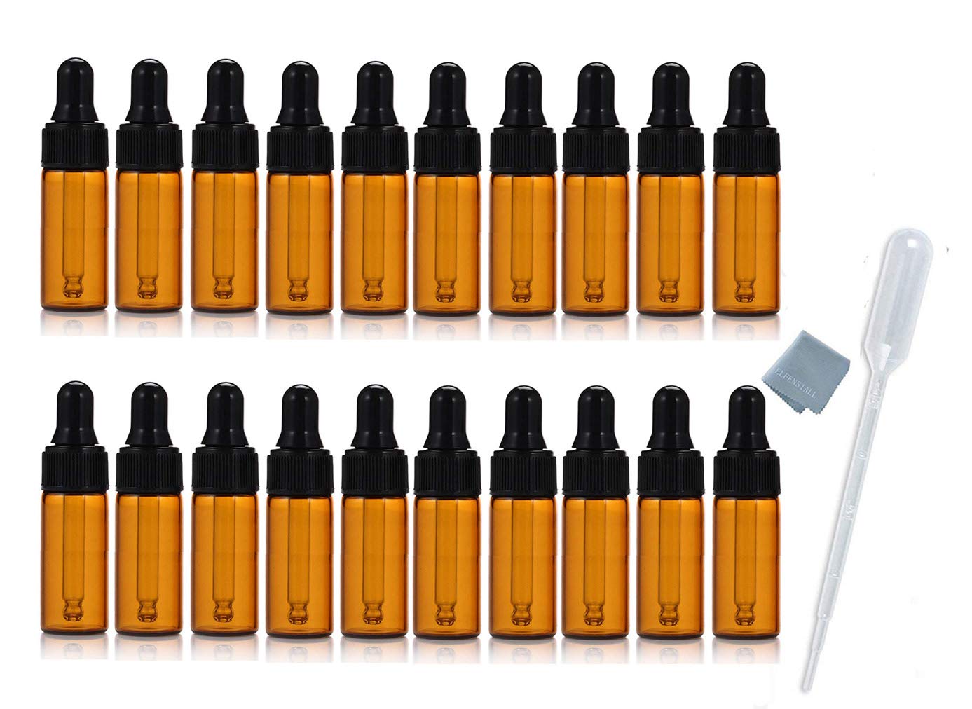 Simple-e 20pcs 5ml 1/6oz Amber Mini Glass Bottle Amber Sample Vial Small Essential Oil Bottle with Glass Eye Dropper + 1pc Glass Clean Cloth + 1pc 3ml dropper