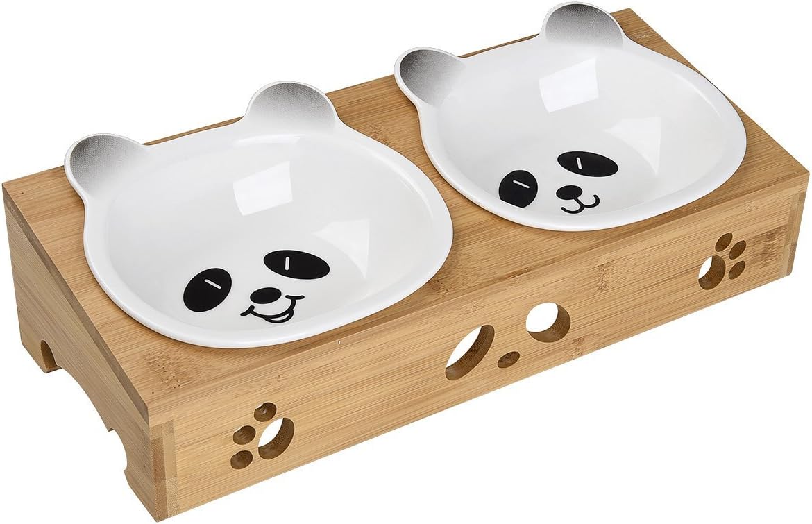 Petacc Elevated Dog Cat Bowls, Raised Pet Feeder Solid Bamboo Stand Ceramic Double Pet Bowl，Suitable for Cats, Small and Medium Dogs