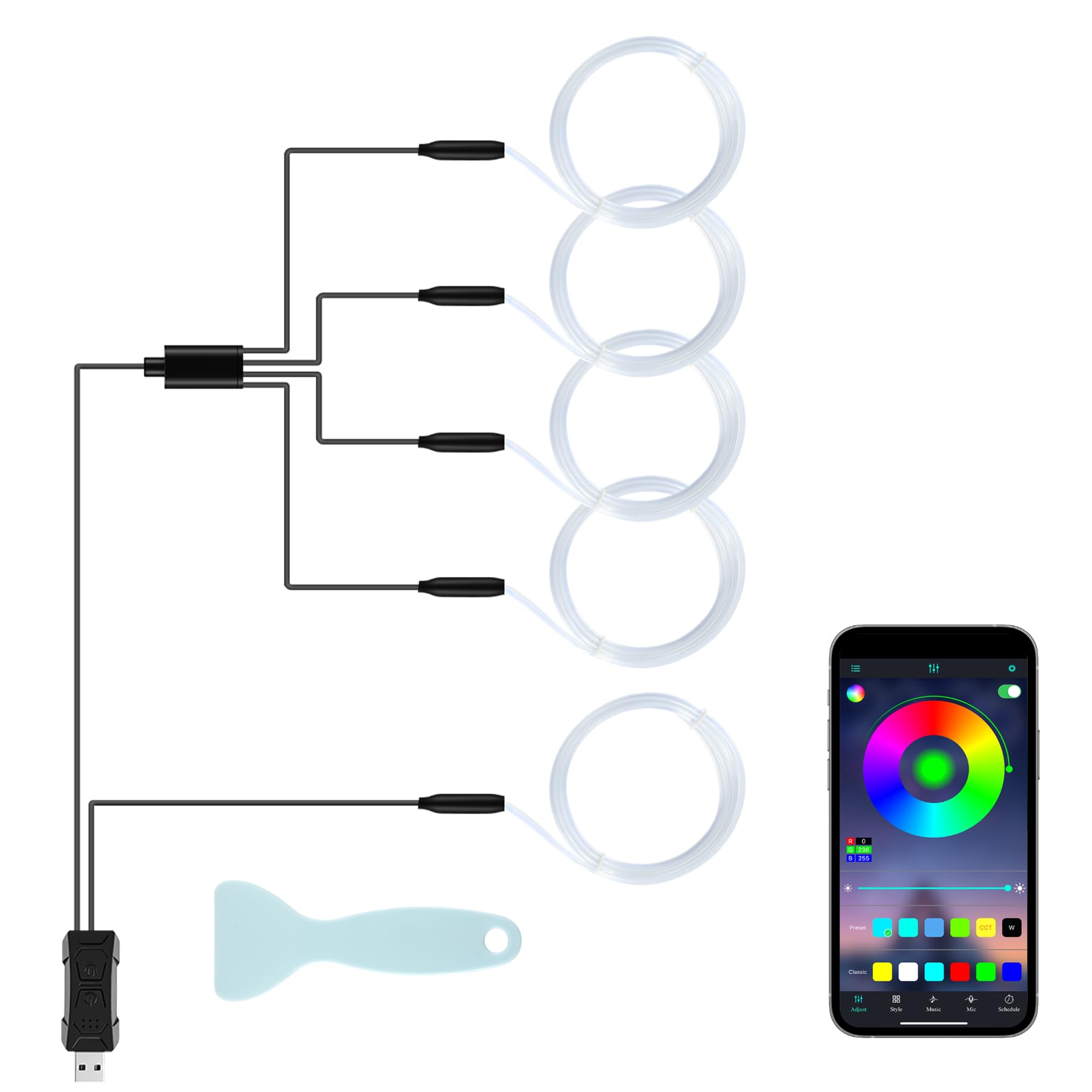 Photo 1 of LivTee Smart Car LED Interior Lights with USB Port, LED Strip Fiber Optic Lights, Wireless App Control, Sync to Music, Car Accessories Gifts for Women and Men, 5 in 1