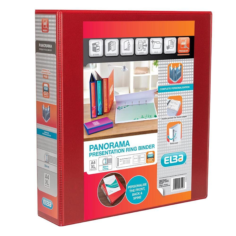 Elba A4 4 D-Ring Binder, 50mm capacity, 70mm spine, Presentation Folder with Customisable Cover, Portrait, Red (Single)
