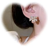 Vintage Pearl Bow Earrings for Girls Boho Crystal Bow Stud Earrings Rhinestone Bow Knot Earrings Pearl Bead Earrings Wedding Pearl Earrings Jewelry for Women Gifts