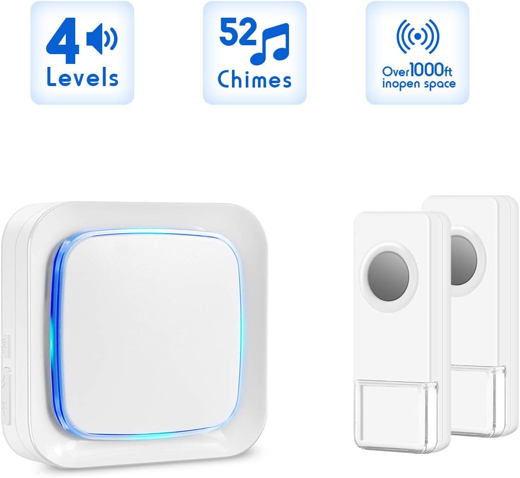 Wireless Waterproof Doorbell Kit with 2 Remote Door Buttons and 1 Receiver, Operating Range at 1000 Ft with 52 Melodies (White)