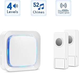 Wireless Waterproof Doorbell Kit with 2 Remote Door Buttons and 1 Receiver, Operating Range at 1000 Ft with 52 Melodies (White)