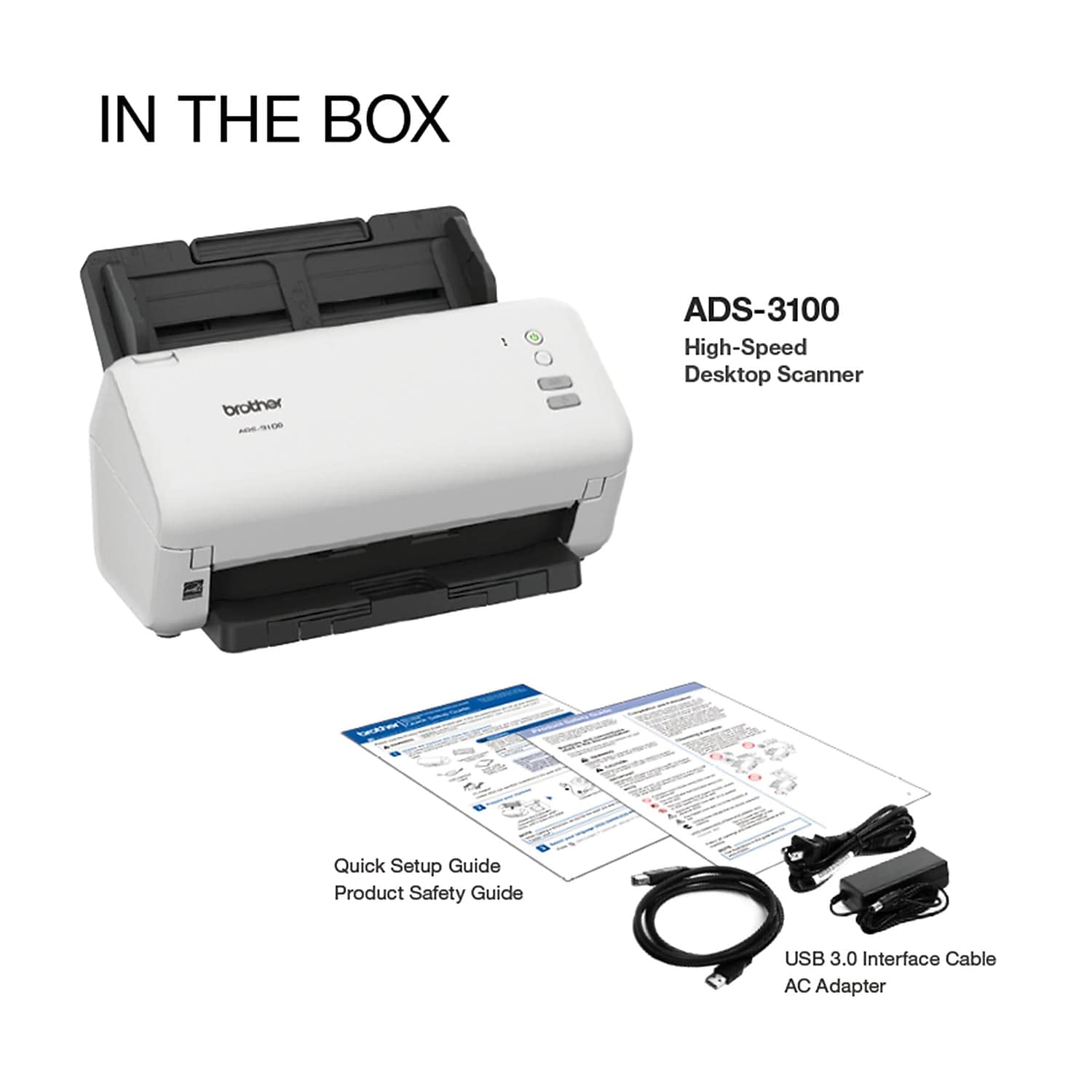 Brother ADS-3100 High-Speed Desktop Scanner | Compact with Scan Speeds of Up to 40ppm, White