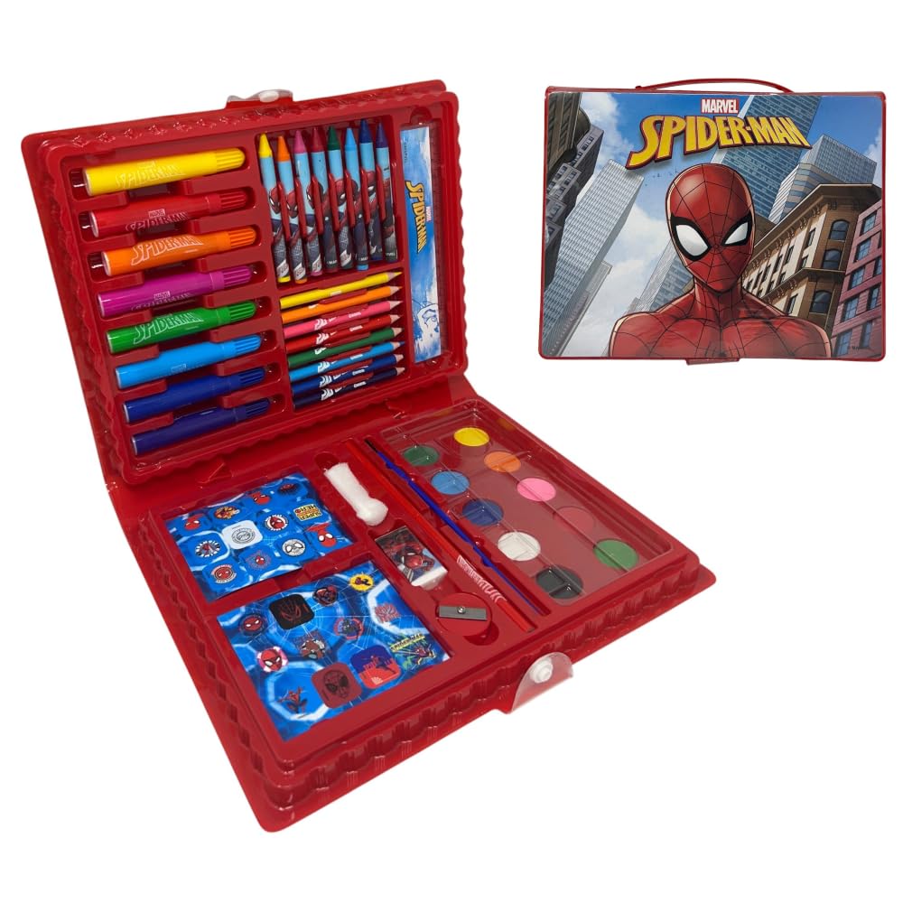 Spiderman Marvel Children's Colouring Box 52 Piece Set of Colours and Stationery Drawing and Painting Kit