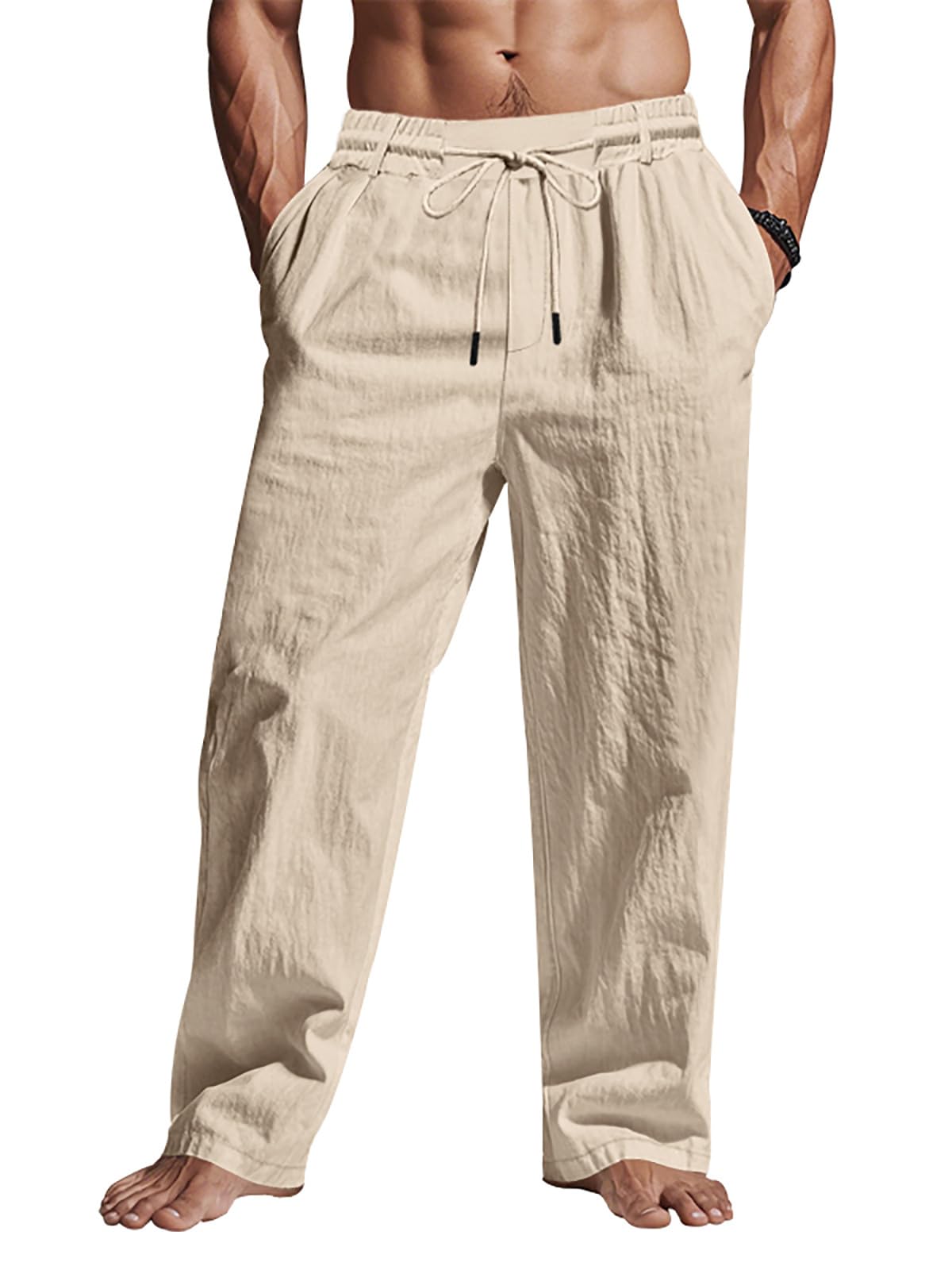 Photo 1 of ?Men's Linen Pants Lightweight Drawstring Elastic Waist Pockets Loose Fit Straight Legs Summer Beach Yoga Khaki M