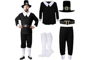 Patelai 5 Pcs Thanksgiving Day Colonial Pilgrim Costume Adult Men Shirt Trousers Cap Sock Belt Colonial Pilgrim Costume