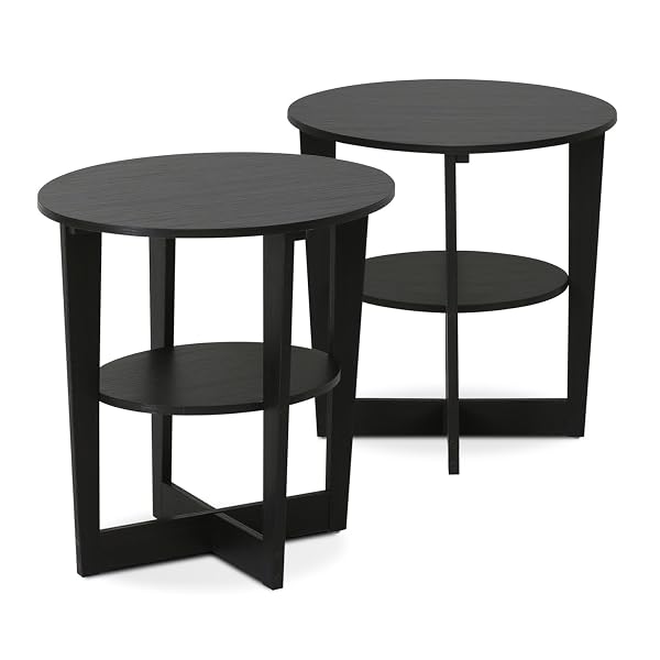 FURINNO JAYA SIDE TABLE SET OF 2, 2-TIER ROUND MODERN END TABLE WITH OVAL TABLETOP, NIGHT STAND, BEDSIDE TABLE WITH OPEN SHELF, FOR LIVING ROOM, BEDROOM, WALNUT