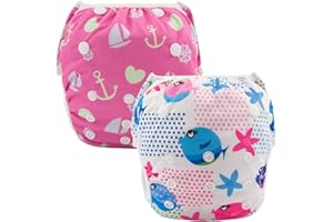 ALVABABY Swim Diaper Large Size Baby Swim Diapers 2pcs Reusable Washable Adjustable for Swimming Lesson Baby Toddler Girls 0-3T Fish Sailboat ZSW09-10-DA