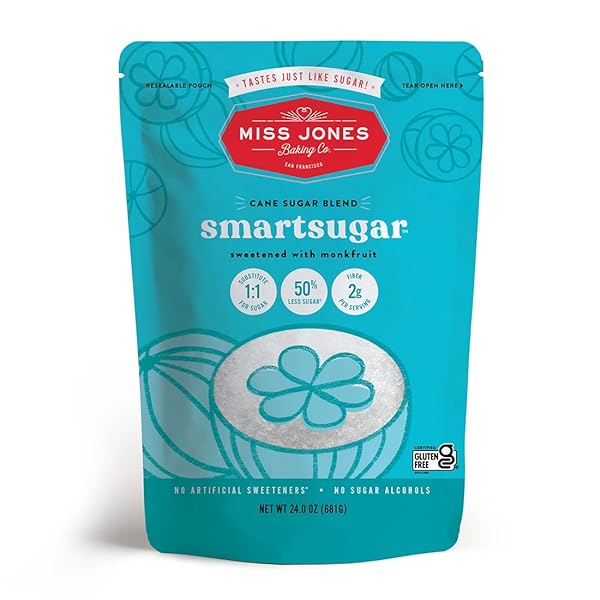 MISS JONES BAKING SMARTSUGAR – CANE SUGAR BLEND SWEETENED WITH MONKFRUIT – 1:1 HEALTHY SUGAR SUBSTITUTE, 50% LESS SUGAR, PLANT-BASED, NO ARTIFICIAL SWEETENERS, PALEO, GLUTEN FREE (PACK OF 1)