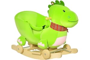 Qaba Baby Rocking Horse Kids Interactive 2-in-1 Plush Ride-On Toys Stroller Rocking Dinosaur with Wheels and Nursery Song