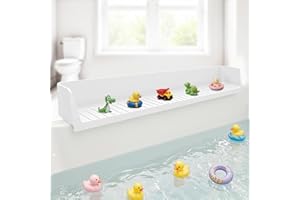 VOXOR 2.6-Ft Bathtub Splash Guard, Silicone Bathtub Water Guard with Toy Tray Shelf, Suction Cups Attach to Tub, No-Mess Bath Play Area & Storage, Fun for Toddlers & Kids (White)