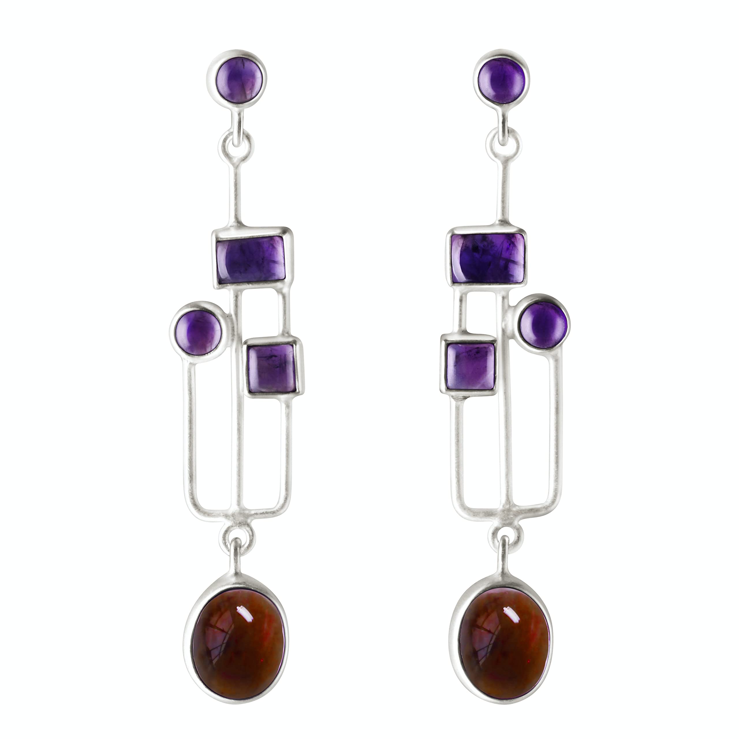 Franki Baker Natural Art & Craft Design 2 Colour Amethyst Gemstone & Sterling Silver Drop Earrings 5.5cm