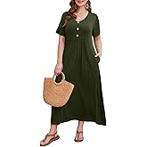 LARACE Womens Plus Size Short Sleeve Dresses Casual V Neck Button Up Pleated Flowy Long Maxi Dress with Pockets L-6XL