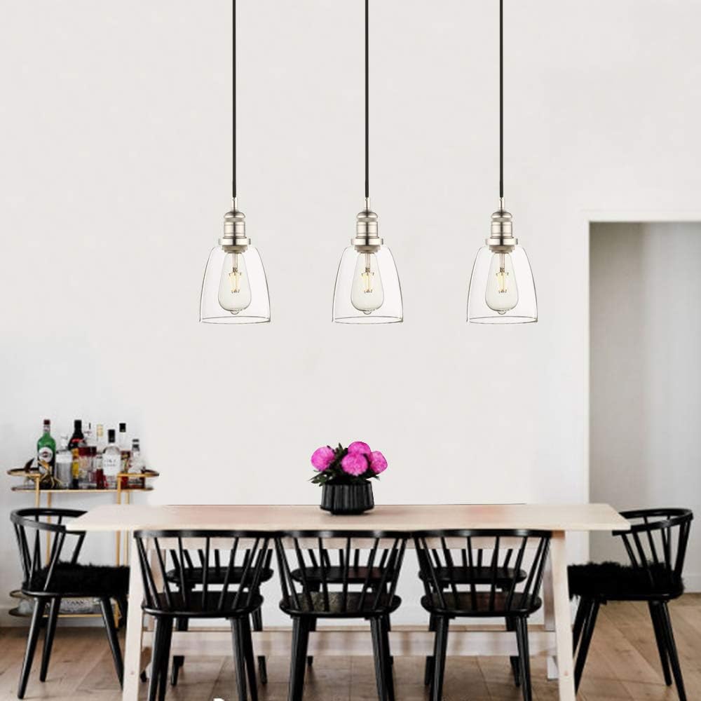 Phansthy Retro 3 Head Chandelier Pendant Light with 2m Adjustable Hanging Cord Bell Glass Shade Ceiling 3 Light Modern Hanging Lamps for Kitchen Bar Bedroom Living Room Dining Room (Brushed) - Image 3
