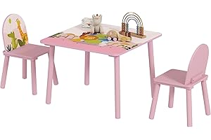 Qaba Kids Table and Chairs Set, Children Table and 2 Chairs Set with Animal Pattern, Kids Activity Furniture for Art, Craft, 