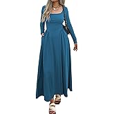 Evzeiem 2026 Spring Maxi Dress for Women Square Neck Long Sleeve Patchwork Ribbed Knit Dress Flowy A Line Dress with Pockets