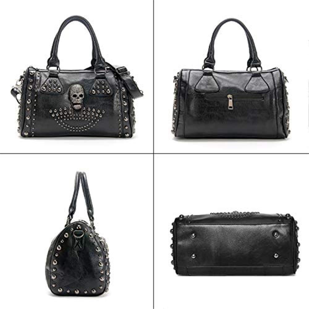 AlwaySky Women Skull Handbag Tote Purse Large Capacity Gothic Shoulder Bag with Strap Studded Doctor Handbag, Black - Image 4