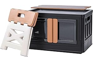 HAIXIN Storage Containers with Wooden Cover and Foldable Chair Collapsible Storage Bins with Lids Stackable Outdoor Patio Furniture for Home Office Plastic Camping Car Storage Picnic (1 Set-47.5Qt)