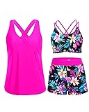 Holipick Pink Flower 3 Piece Tankini Swimsuits for