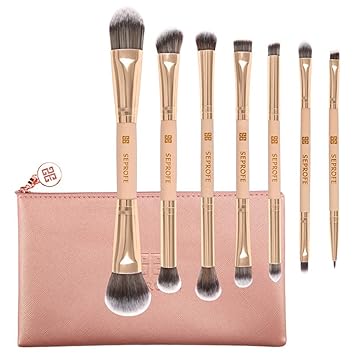 Start Makers Plastic and Nylon Double Ended Head Foundation Blushes Shadow Brush for Girl Cosmetics Powder Kit with PU Makeup Bag Set (Rose Gold) - Pack of 7 Pieces