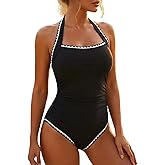 Hilor Women's One Piece Swimsuits Tummy Control Bathing Suits Halter Scalloped Vintage Swimwear Retro Slimming Monokini