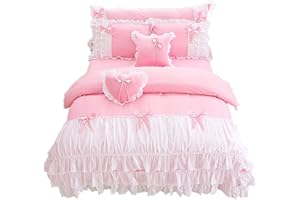Lotus Karen Shaggy Chic Ruffle 3-Piece Duvet Cover Set- Soft Cotton Girls Bedding with Cute Bow-Knots-Sweet Pink Princess Bed Set Twin Size(1Duvet Cover/2Pillowcases)