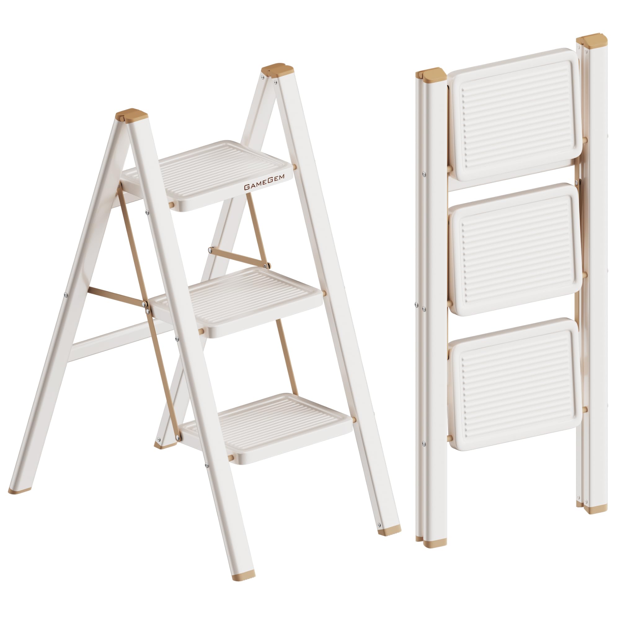 GameGem 3 Step Ladder, Foldable Step Stool with Anti-Slip Pedal, Portable Iron Stepladder for Home and Kitchen, Easy to Store-Cream Chocalate(300LBS) Image