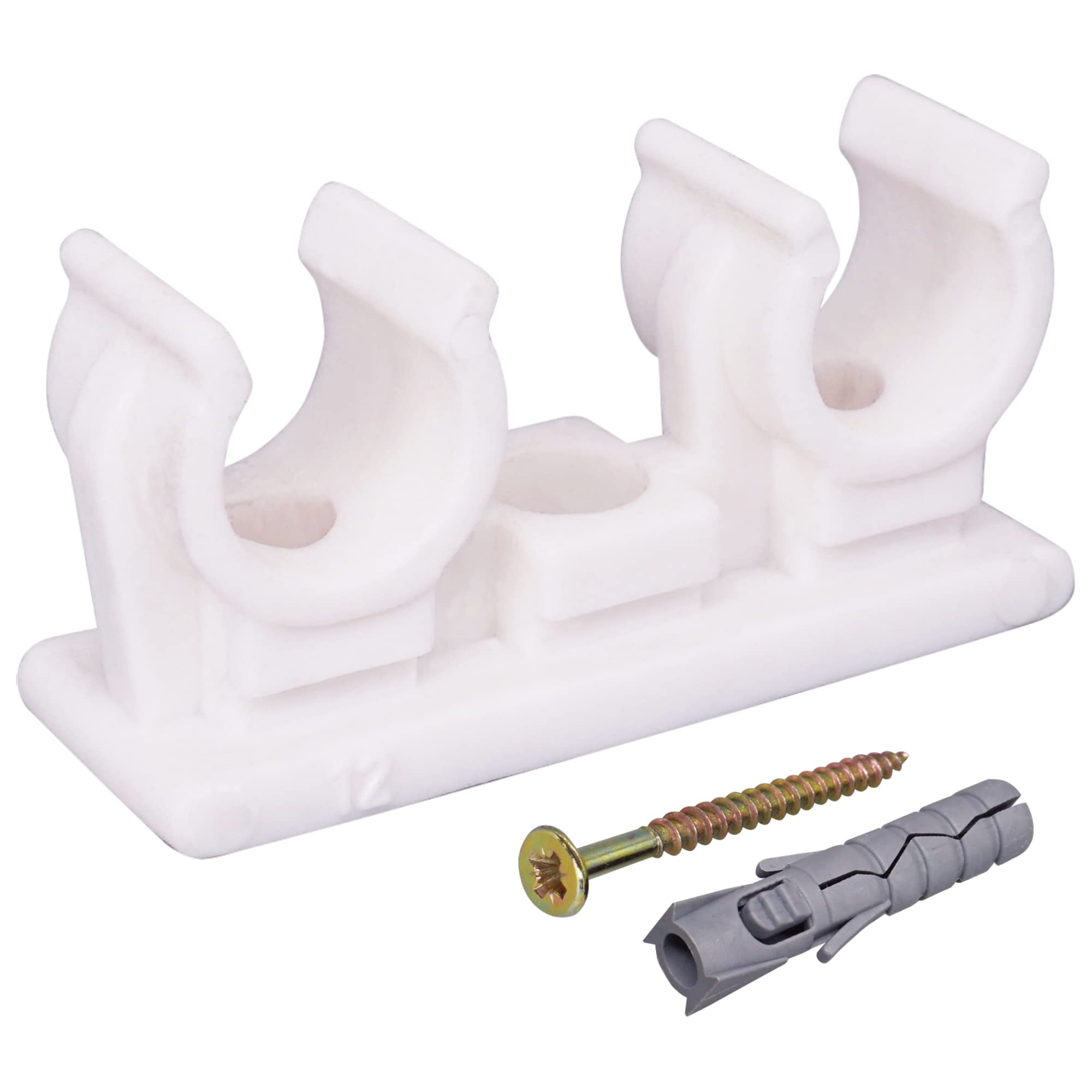 SKIR'CO (20 pcs) Double Pipe Clips, Plastic Clamps for 12 mm Pipes, U Type Pipe Clamp, Tubing White Clips, Hose Hangers