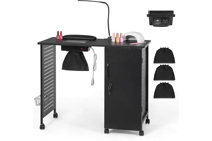 AGESISI Nail Desk for Nail Tech Manicure Table with Dust Collector Charging Station, Nail Tech Table with 4 Storage Drawers, LED Lamp, Lockable Wheels, Nail Station for Home & Spa Salon, Black