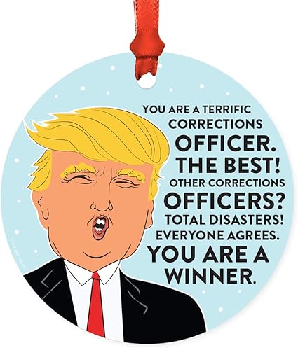 Amazon Com Andaz Press Round Natural Wood Mdf Christmas Ornament Gift Funny President Donald Trump Terrific Corrections Officer 1 Pack Includes Ribbon Keepsake Gifts For Coworkers Kitchen Dining