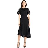 London Times Women's Elegant Midi Cocktail Lace Short Sleeve Asymmetric Hem-Versatile Wedding Guest Formal Party Dresses